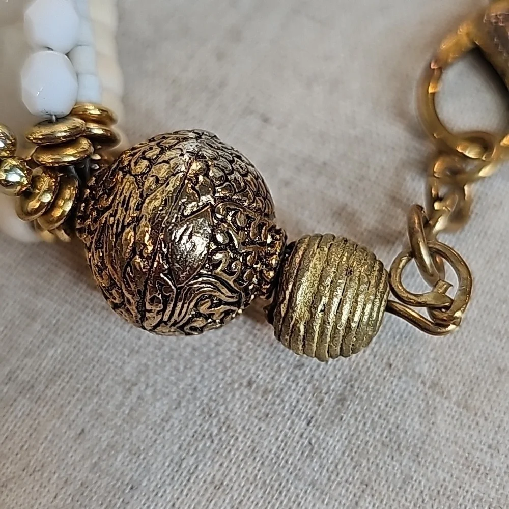 Cream, White And Gold Beaded Hook Closure Bracelet - OS